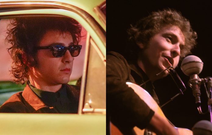 two side by side images of Timothée Chalamet playing Bob Dylan in 'A Complete Unknown' (left) and Dylan performing live on stage (right)